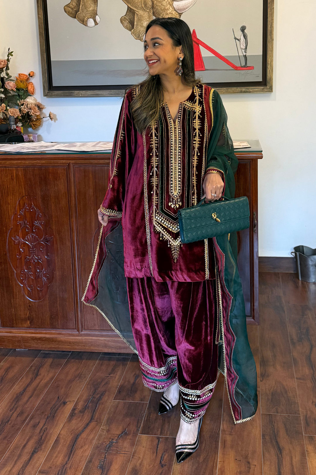 MAROON  VELVET SHORT KURTA WITH FARSHI SALWAR SET