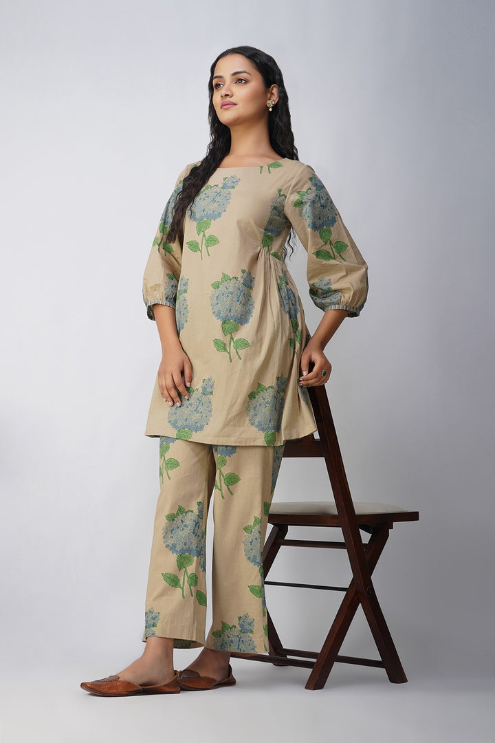 Blue Hydrangea Side Gather Block Printed Tunic with Floral Pants