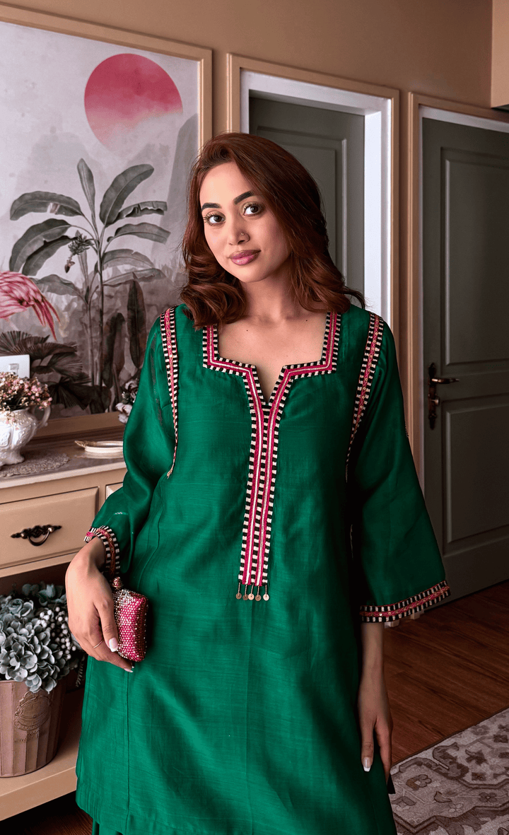 GREEN SHORT CHOGA WITH FARSHI SALWAR SET