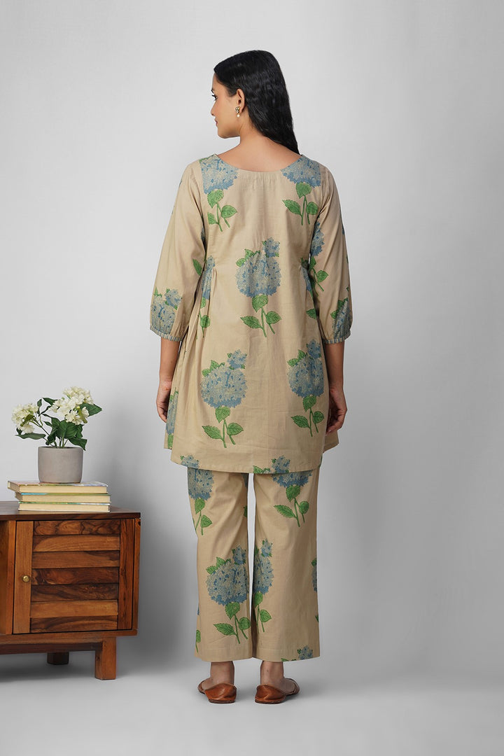 Blue Hydrangea Side Gather Block Printed Tunic with Floral Pants