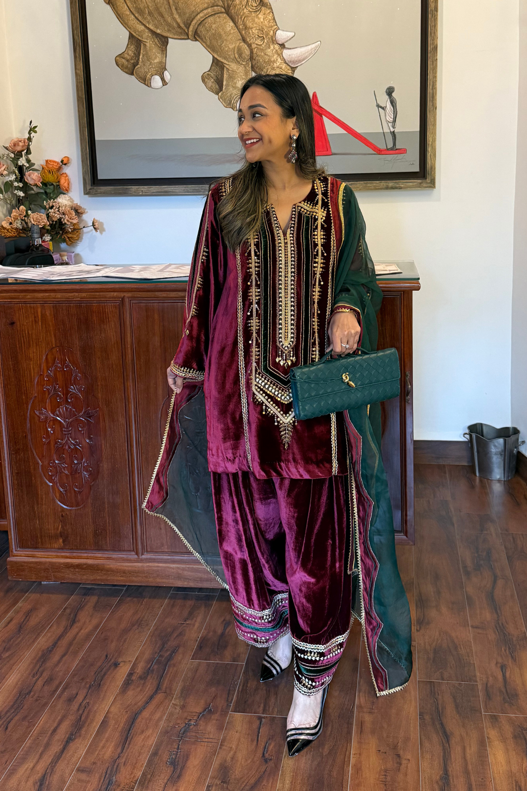 MAROON VELVET SHORT KURTA