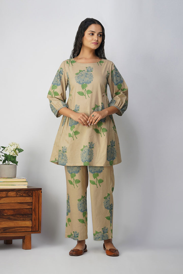 Blue Hydrangea Side Gather Block Printed Tunic with Floral Pants