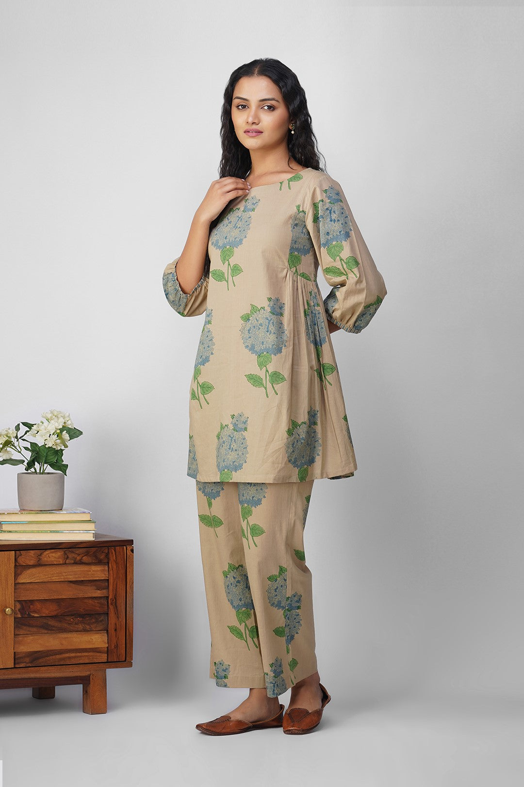 Blue Hydrangea Side Gather Block Printed Tunic with Floral Pants