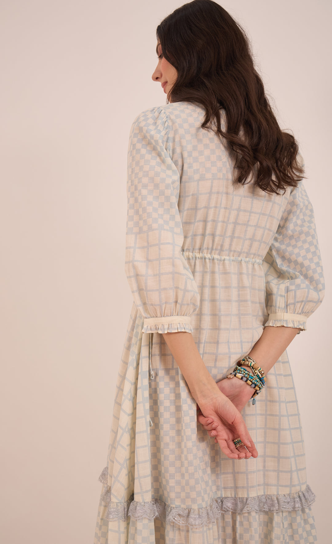 SHEEN: COTTON CHECK MIDI DRESS V-NECK