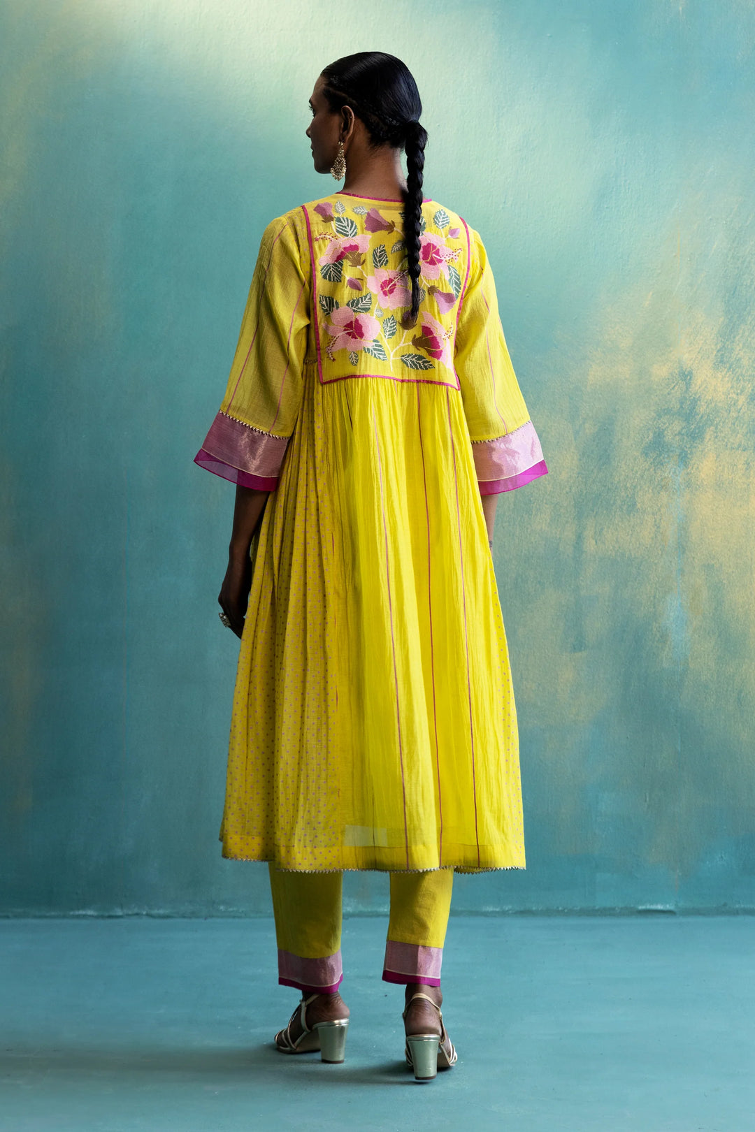 Dil-kash Yellow Chanderi Front and Back Floral embroidery with side pleats and polkas Kurta set