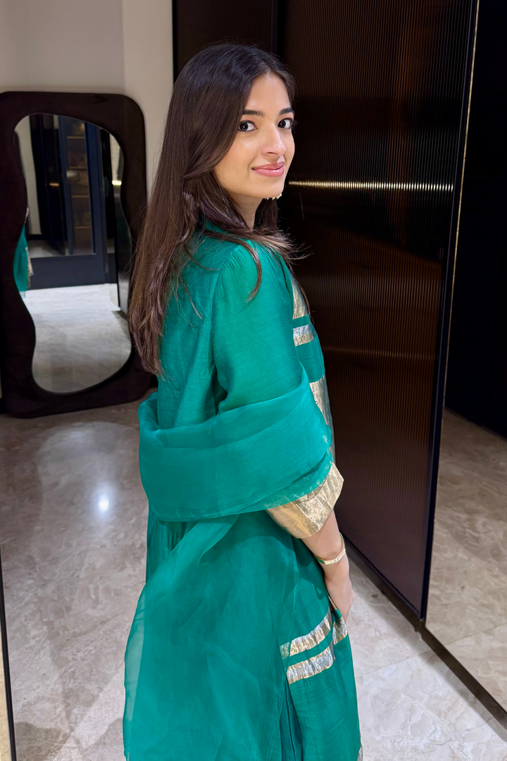 Mira: Silk stripe tissue straight kurta set - Emerald Green