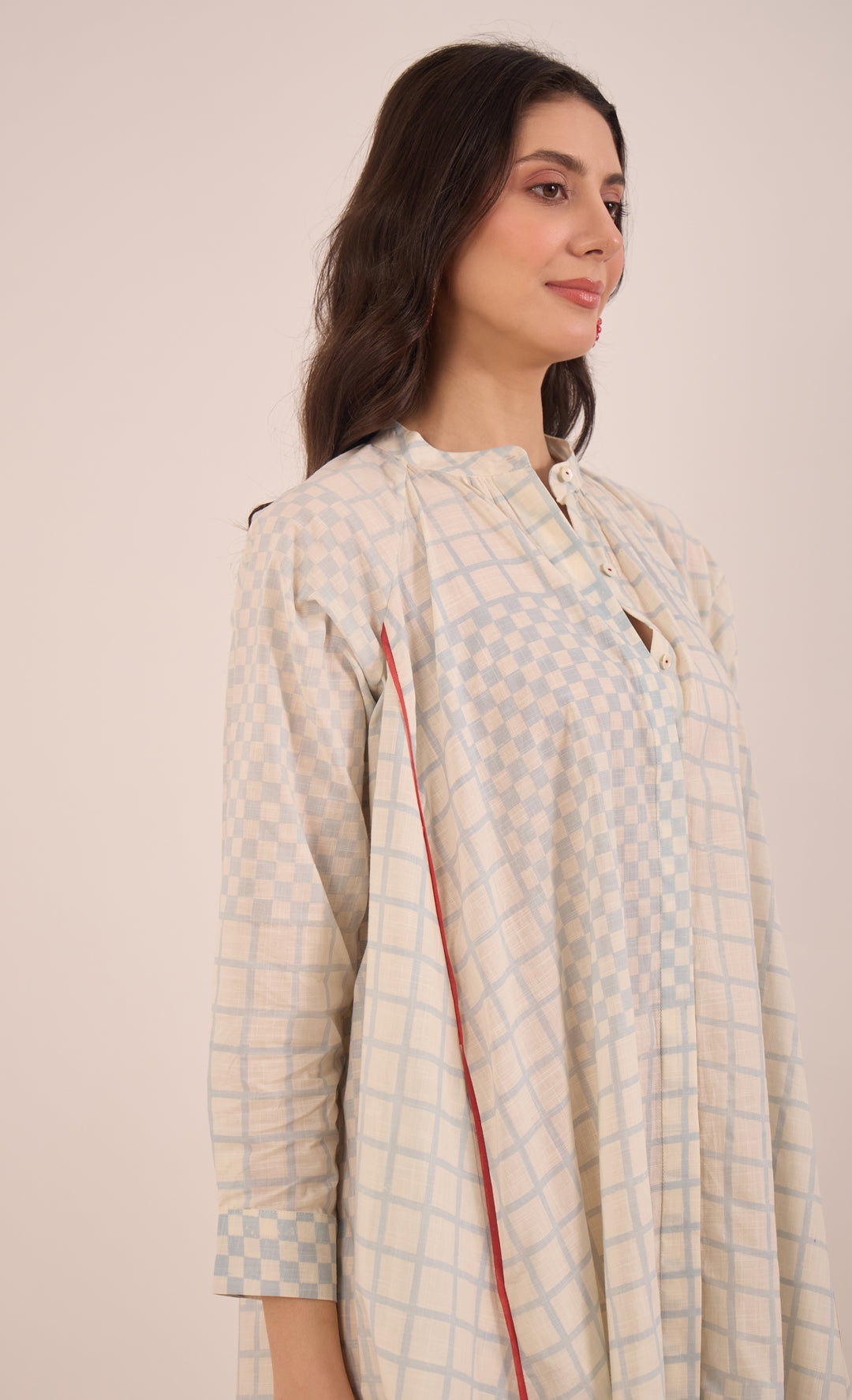 SHEEN: COTTON BLUE CHECK MIDI DRESS