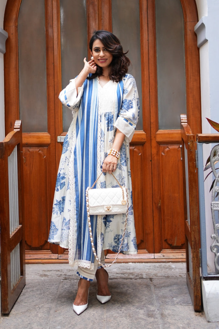 FLORAL FANTASY : BLUE FLORAL & STRIPE ANARKALI SET