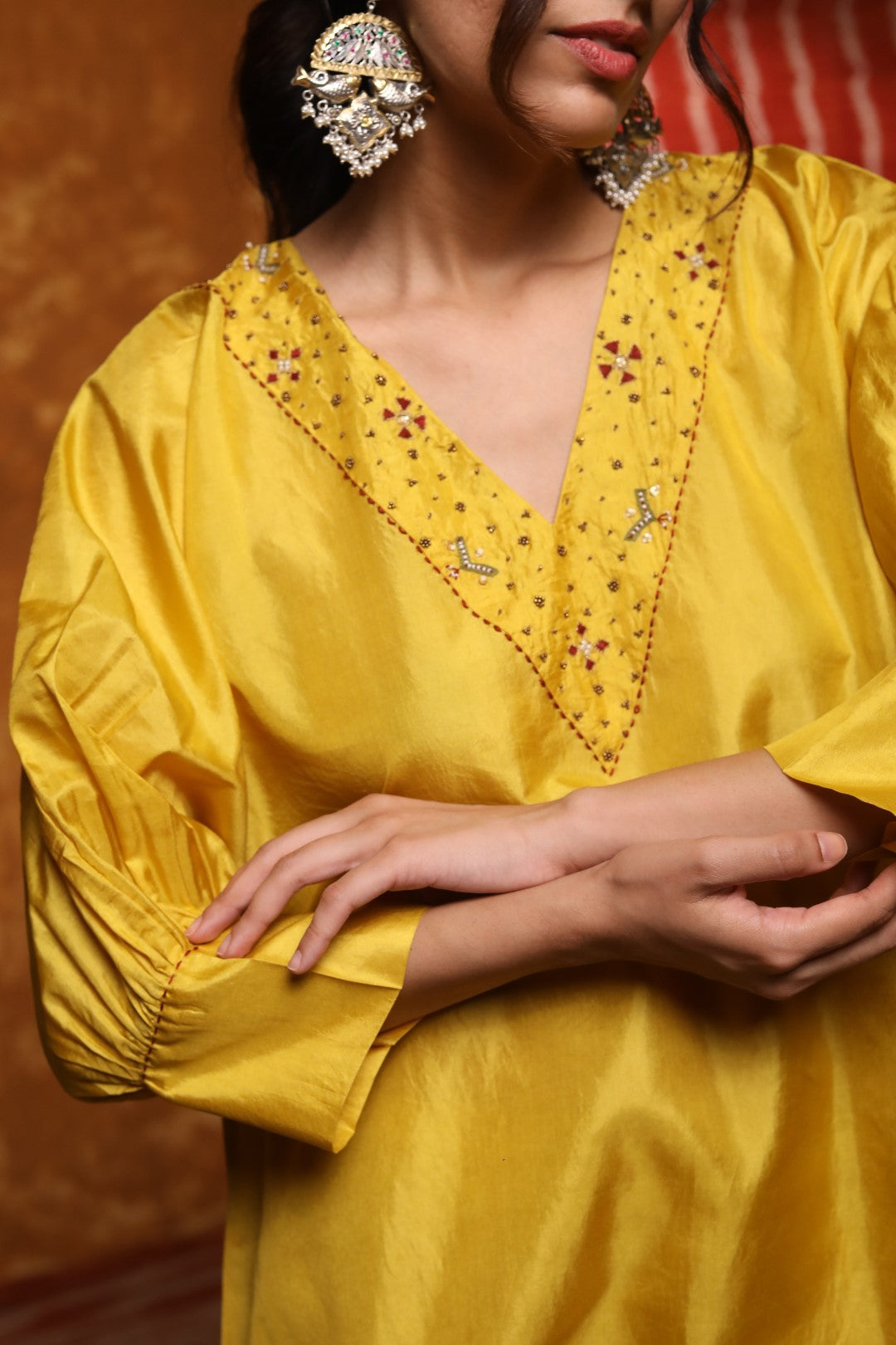 Mustard Silk V-Neck Cape with Tara Tribal motifs
