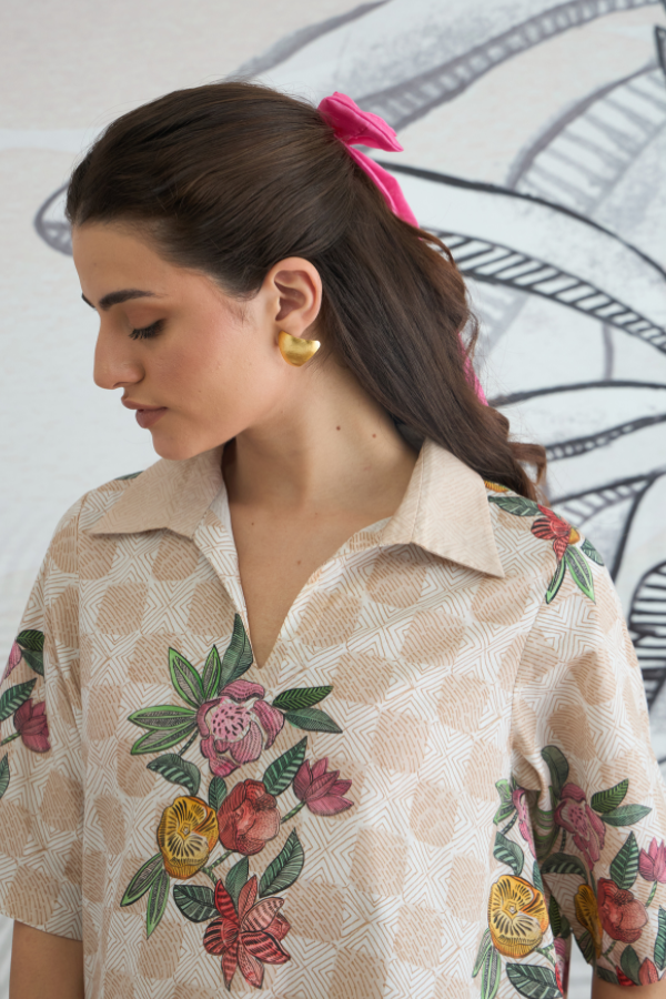 BEIGE CHECK FLOWER BOX PLEAT DRESS