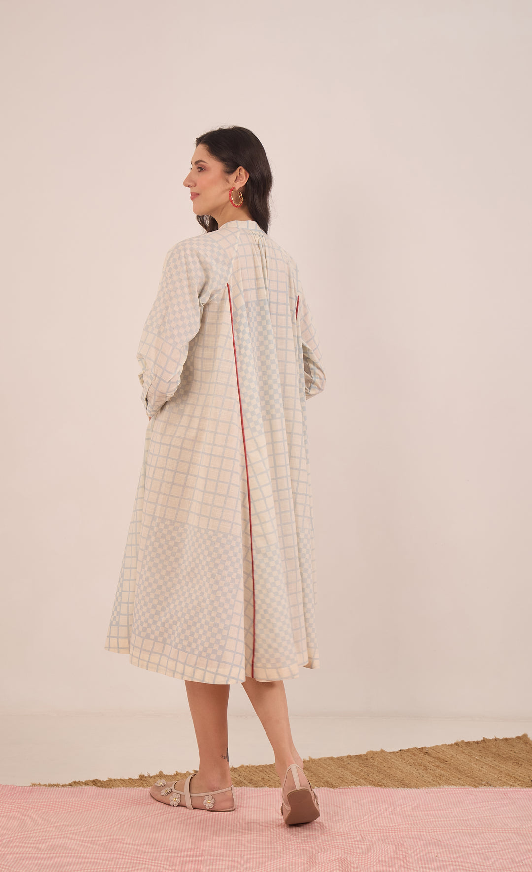 SHEEN: COTTON BLUE CHECK MIDI DRESS