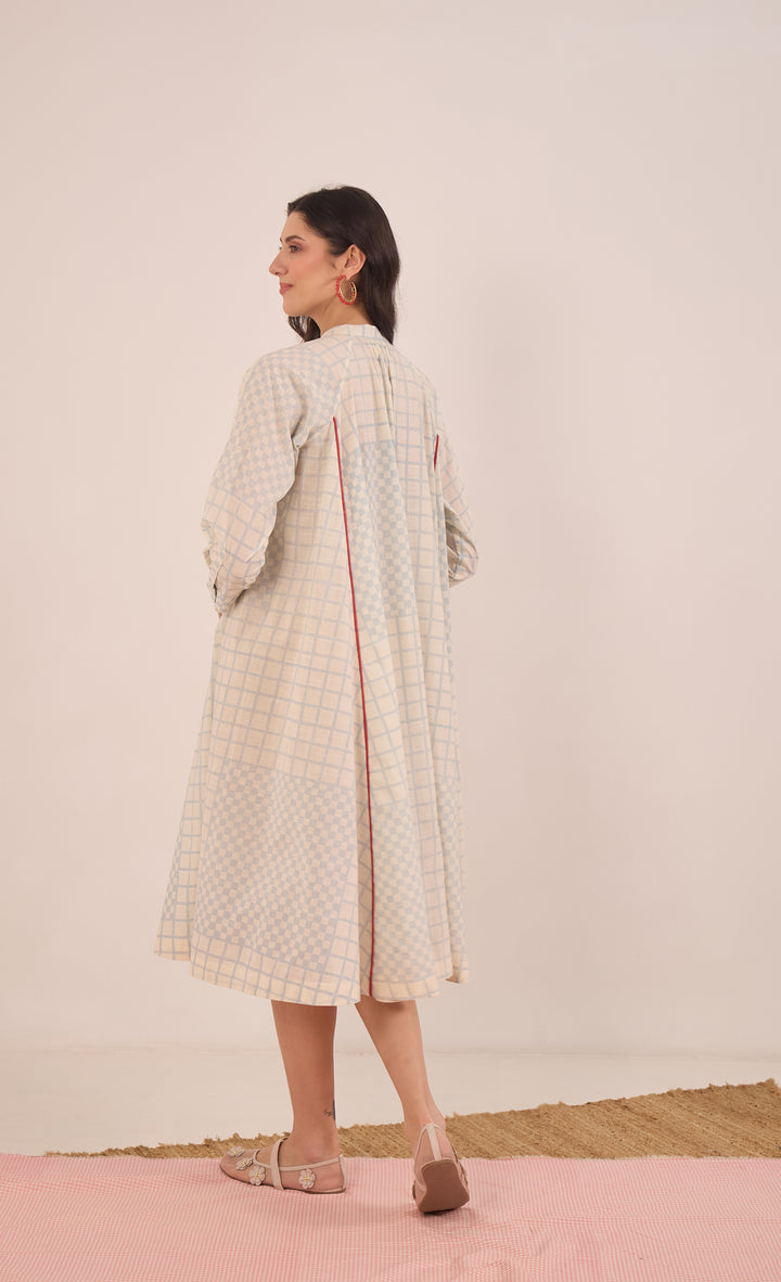SHEEN: COTTON BLUE CHECK MIDI DRESS