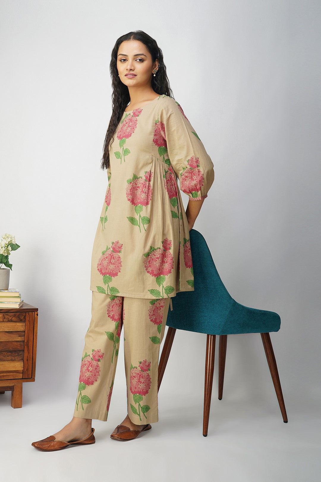 Pink Hydrangea Side Gather Block Printed Tunic With Floral Pants