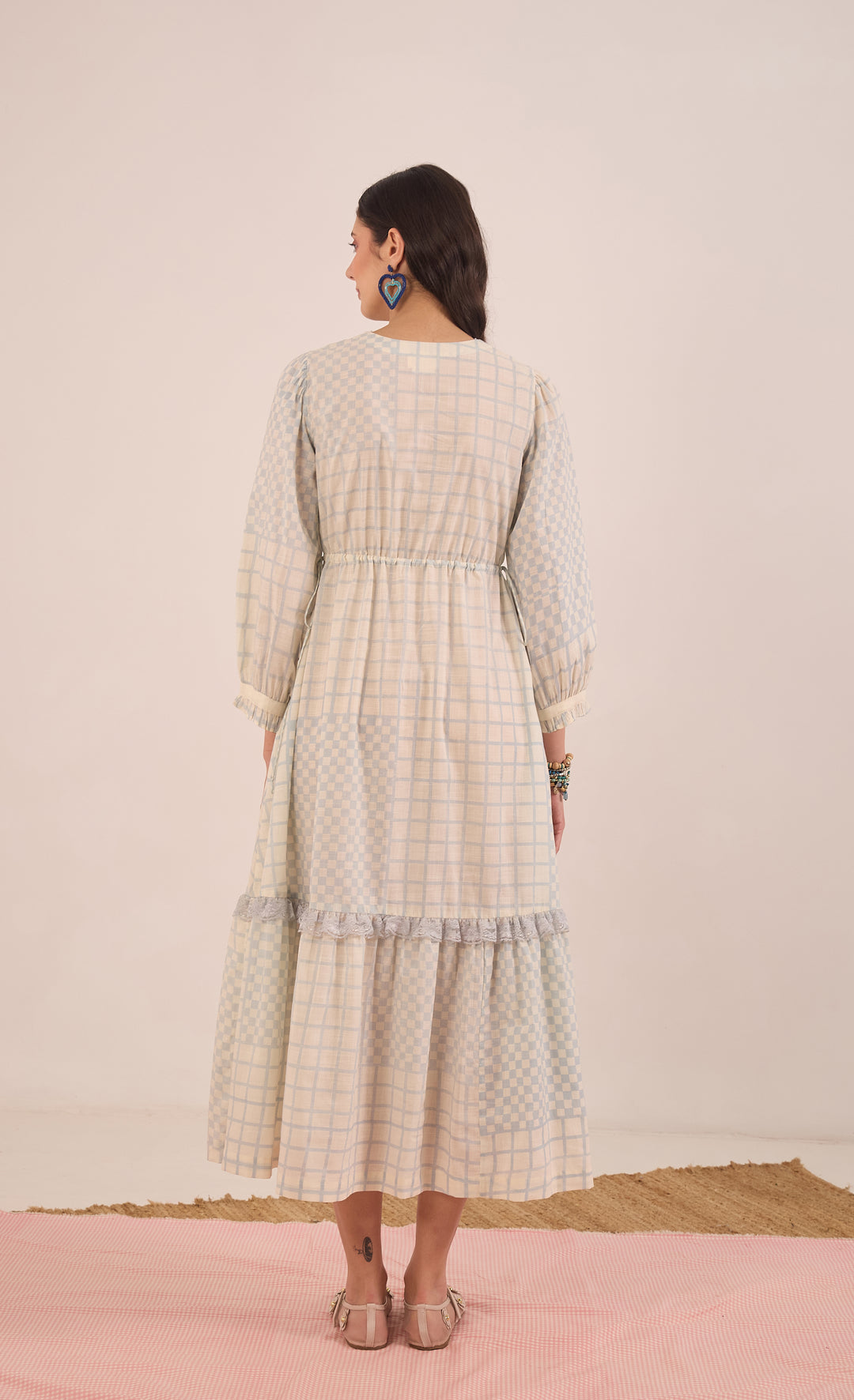 SHEEN: COTTON CHECK MIDI DRESS V-NECK