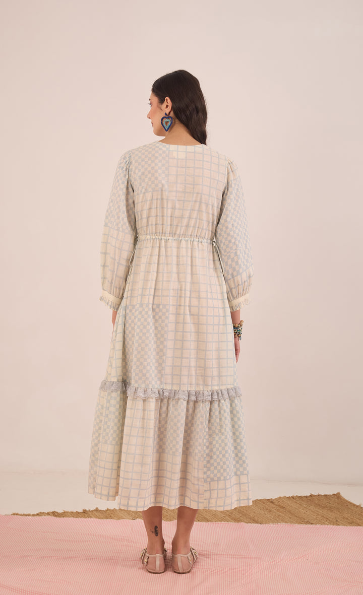 SHEEN: COTTON CHECK MIDI DRESS V-NECK