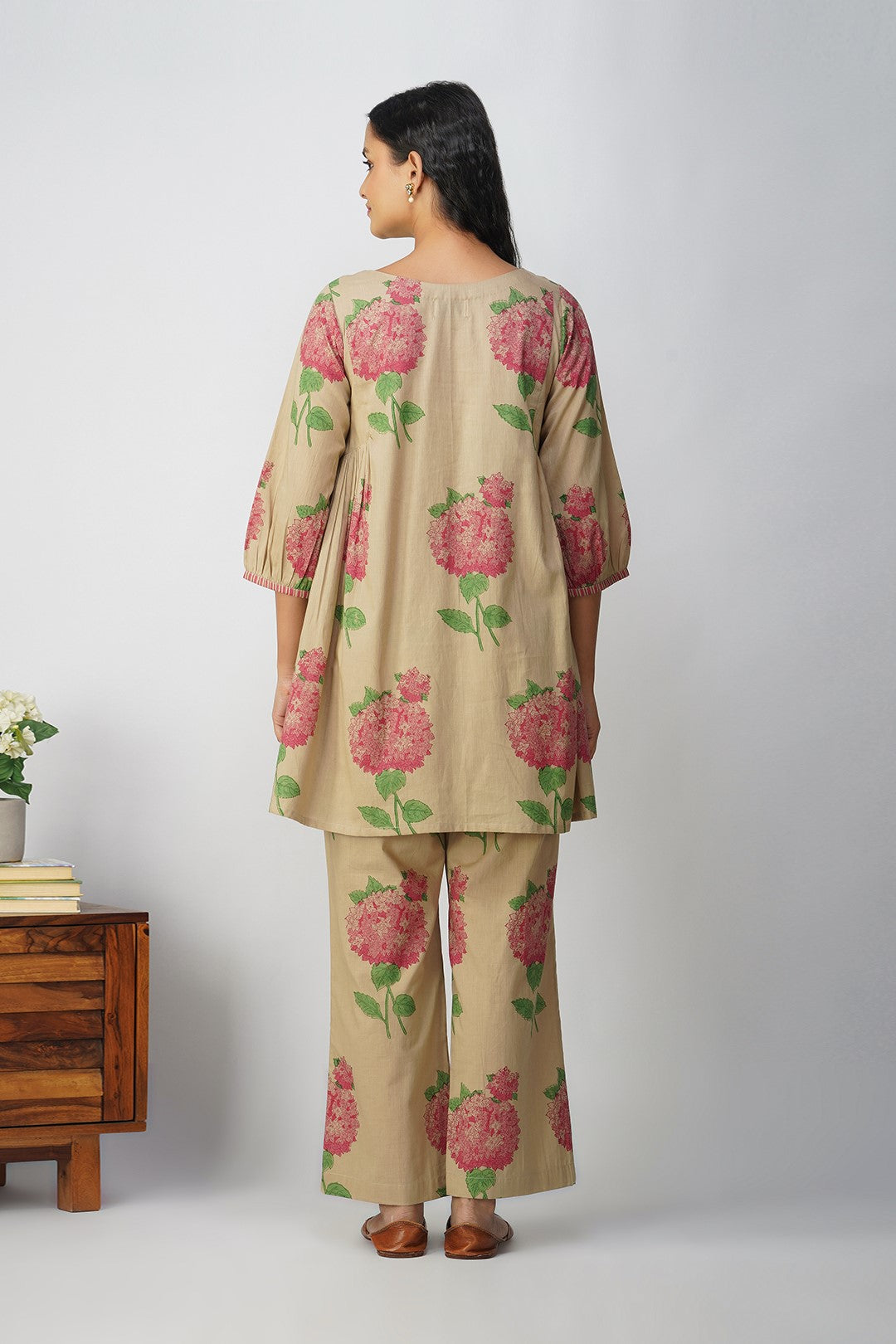 Pink Hydrangea Side Gather Block Printed Tunic With Floral Pants