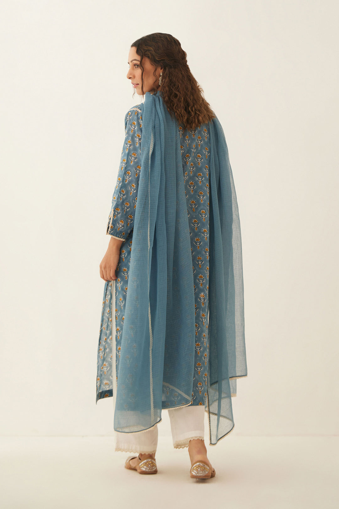 COBALT BLUE COTTON FLORAL KURTA WITH COTTON PANTS AND DUPATTA