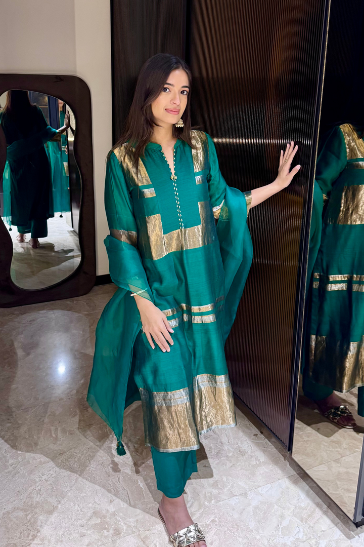 Mira: Silk stripe tissue straight kurta set - Emerald Green
