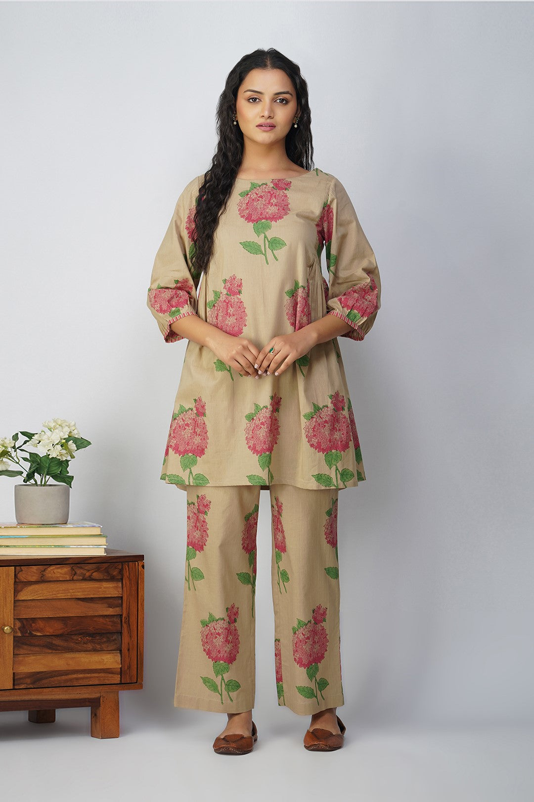 Pink Hydrangea Side Gather Block Printed Tunic With Floral Pants