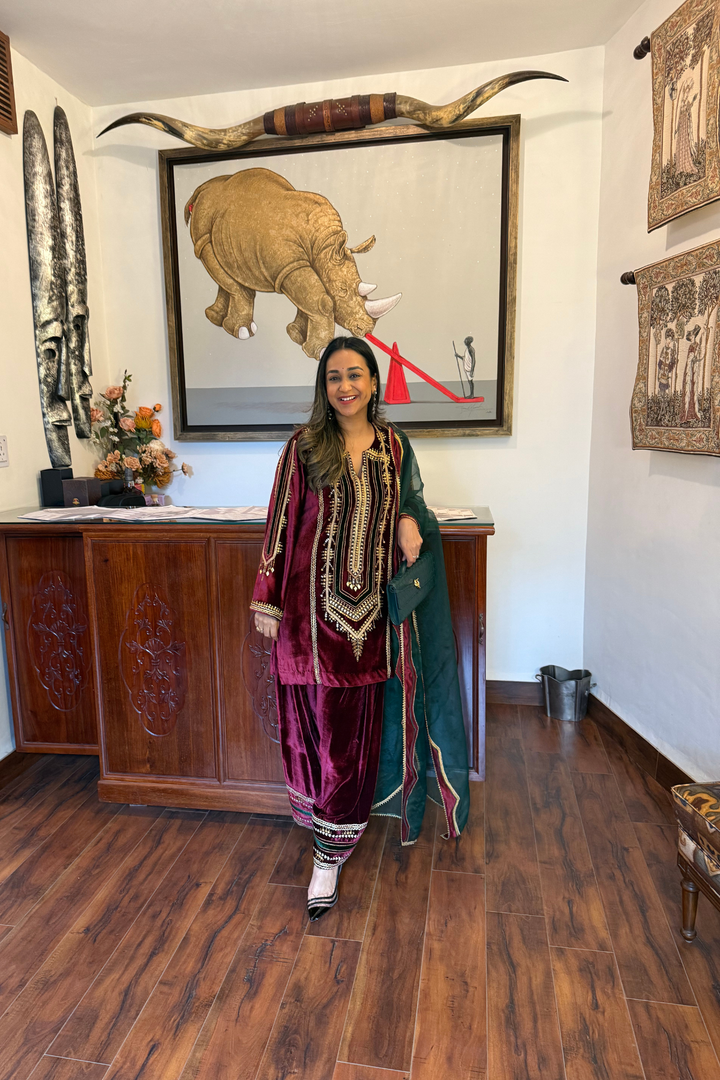 MAROON  VELVET SHORT KURTA WITH FARSHI SALWAR SET