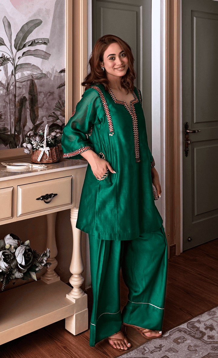 GREEN SHORT CHOGA WITH FARSHI SALWAR SET