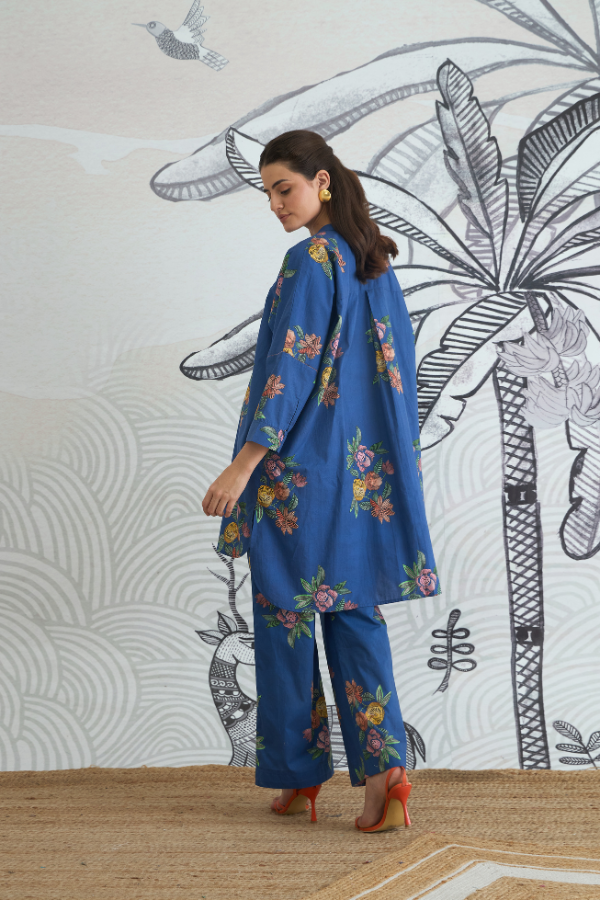 BLUE FLOWER KIMONO TUNIC WITH BLUE FLOWER PANTS
