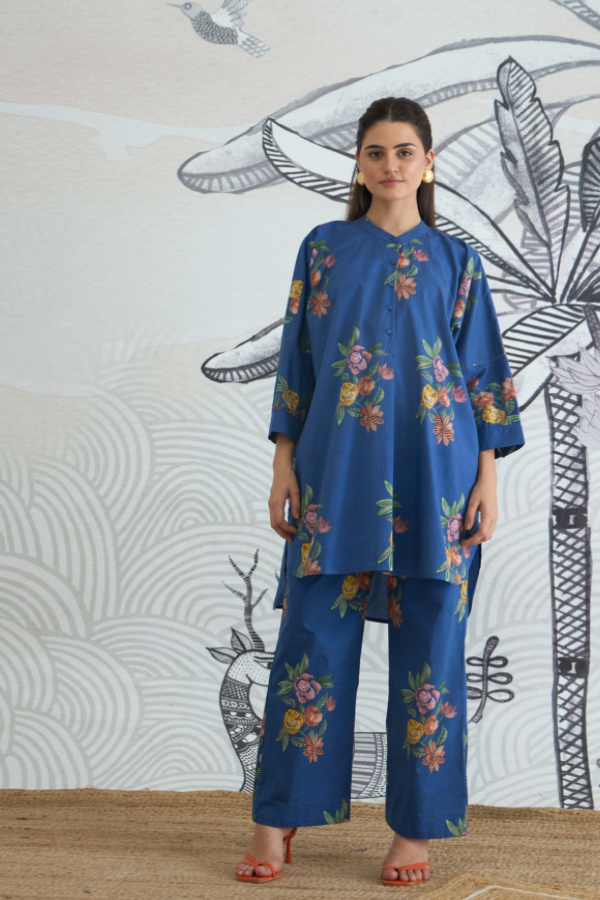 BLUE FLOWER KIMONO TUNIC WITH BLUE FLOWER PANTS