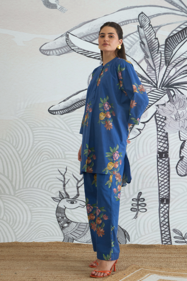 BLUE FLOWER KIMONO TUNIC WITH BLUE FLOWER PANTS