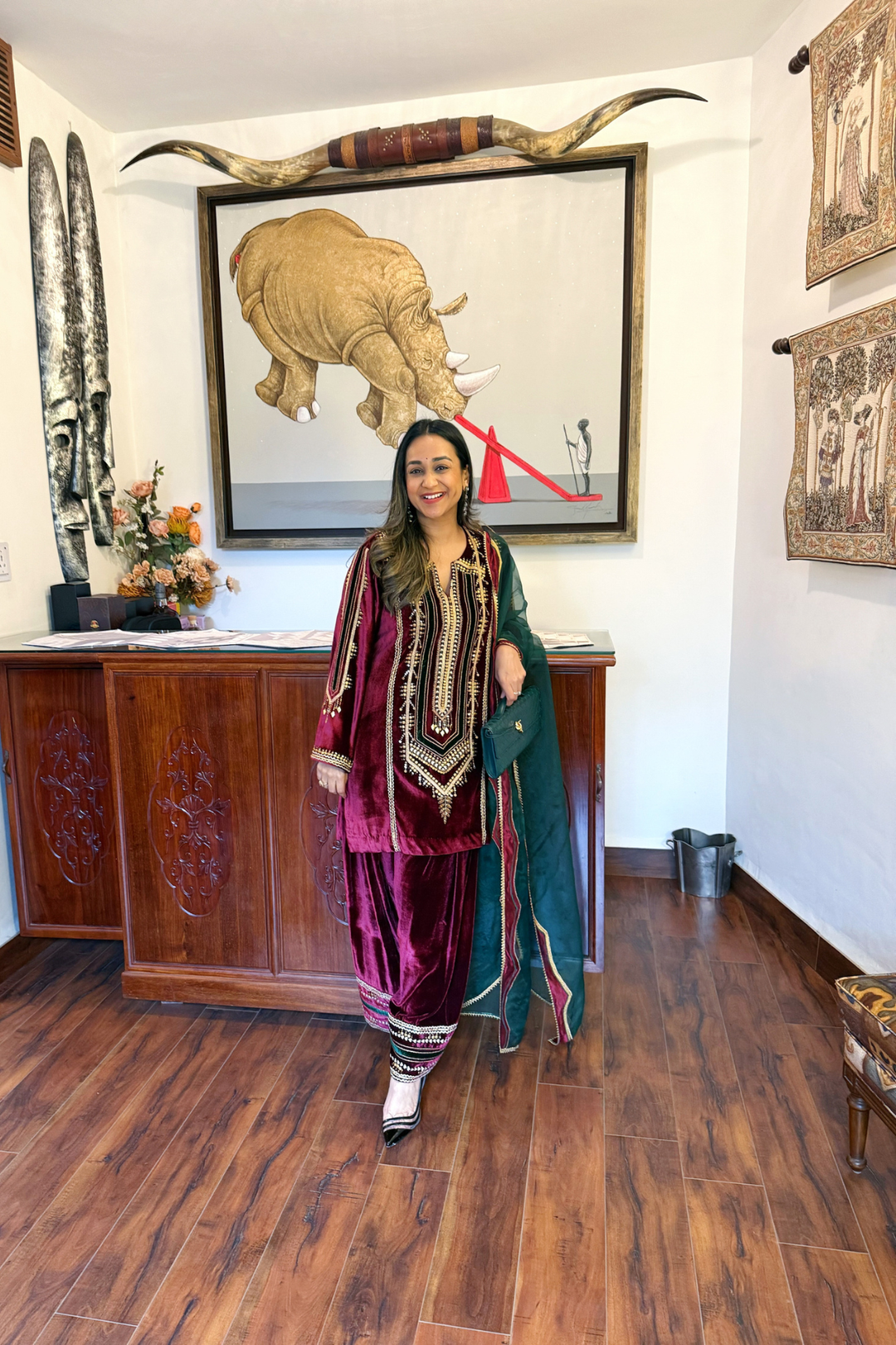 MAROON  VELVET SHORT KURTA WITH FARSHI SALWAR SET