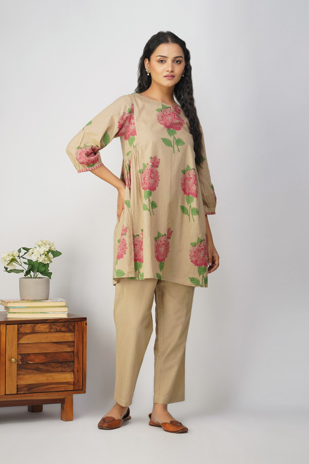 Pink Hydrangea Side Gather Block Printed Tunic With Plain Pants