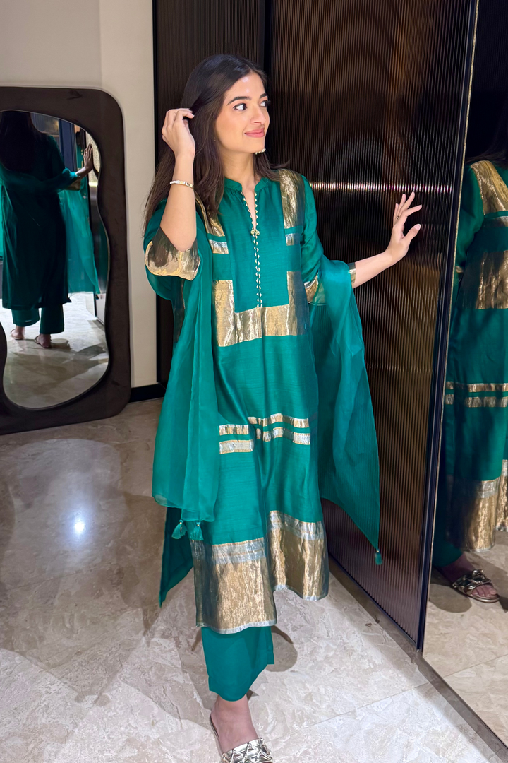 Mira: Silk stripe tissue straight kurta set - Emerald Green