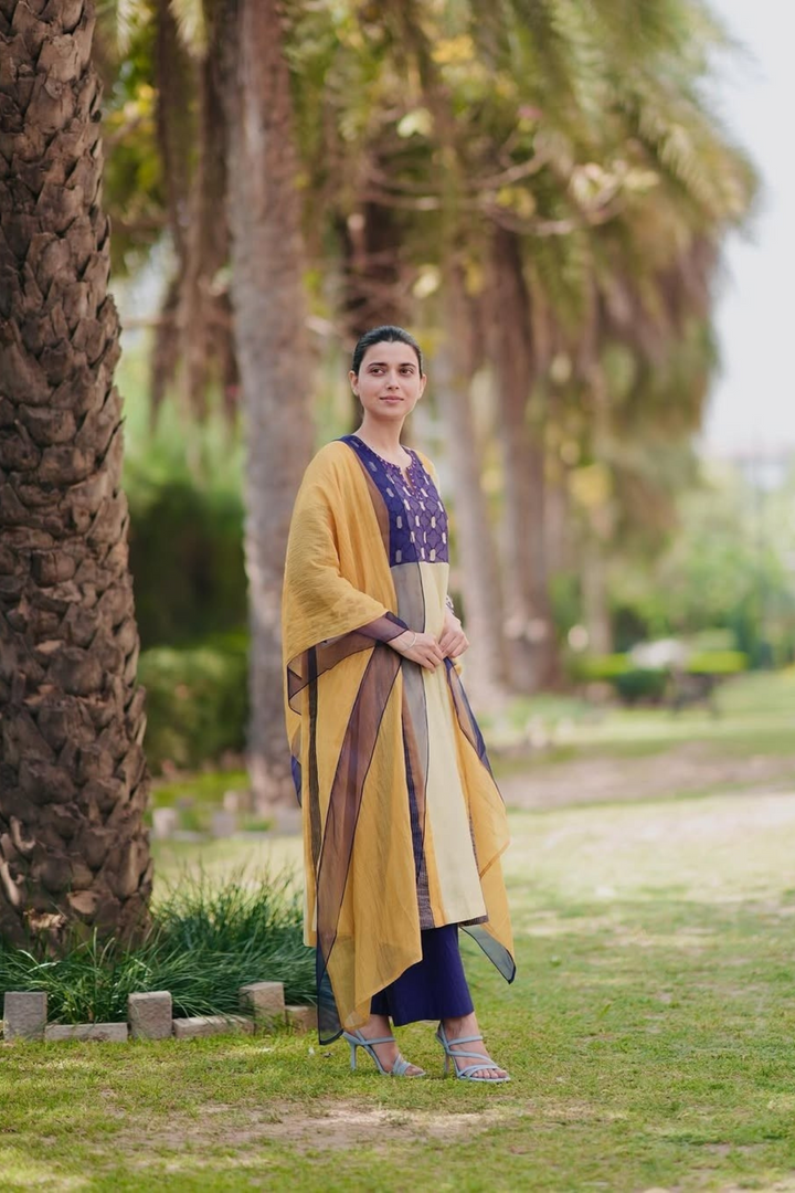 Roop: Cotton Silk Kali Kurta set - Mustard and Purple