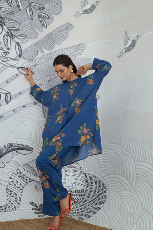 BLUE FLOWER KIMONO TUNIC WITH BLUE FLOWER PANTS