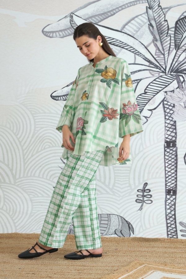 GREEN CHECK FLOWER NAMAH TUNIC WITH GREEN CHECK PANTS
