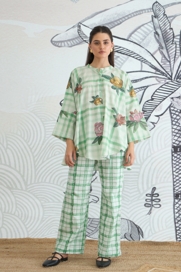 GREEN CHECK FLOWER NAMAH TUNIC WITH GREEN CHECK PANTS
