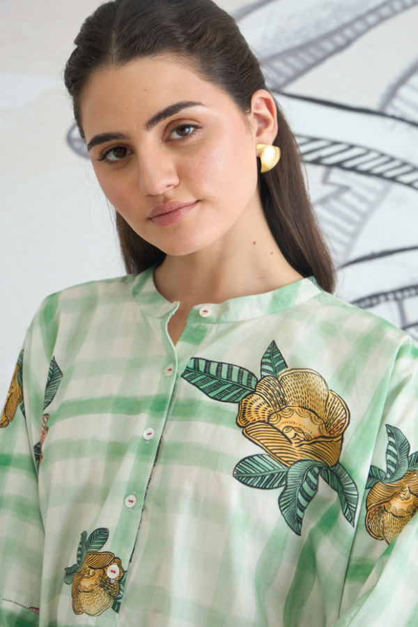 GREEN CHECK FLOWER NAMAH TUNIC WITH GREEN CHECK PANTS
