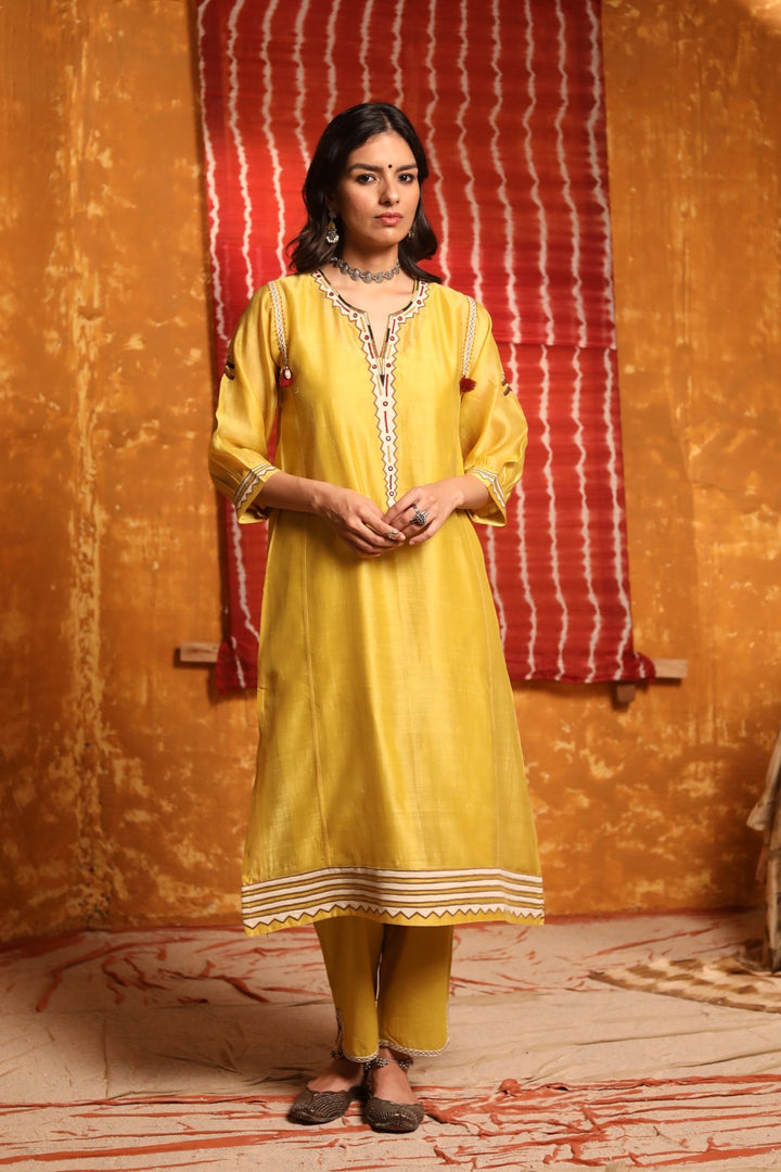 Mustard Triangle Applique Work Kurta