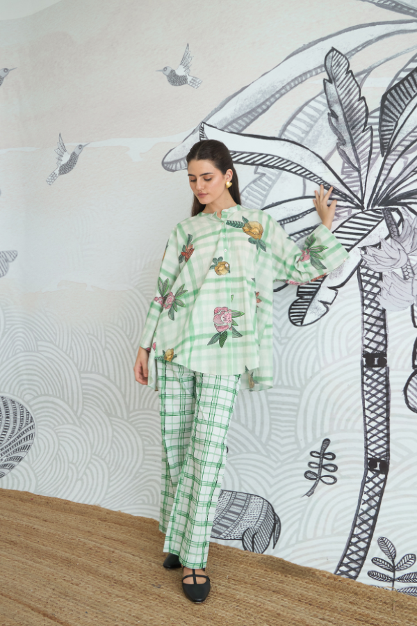 GREEN CHECK FLOWER NAMAH TUNIC WITH GREEN CHECK PANTS