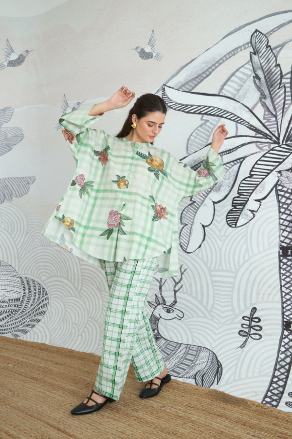 GREEN CHECK FLOWER NAMAH TUNIC WITH GREEN CHECK PANTS