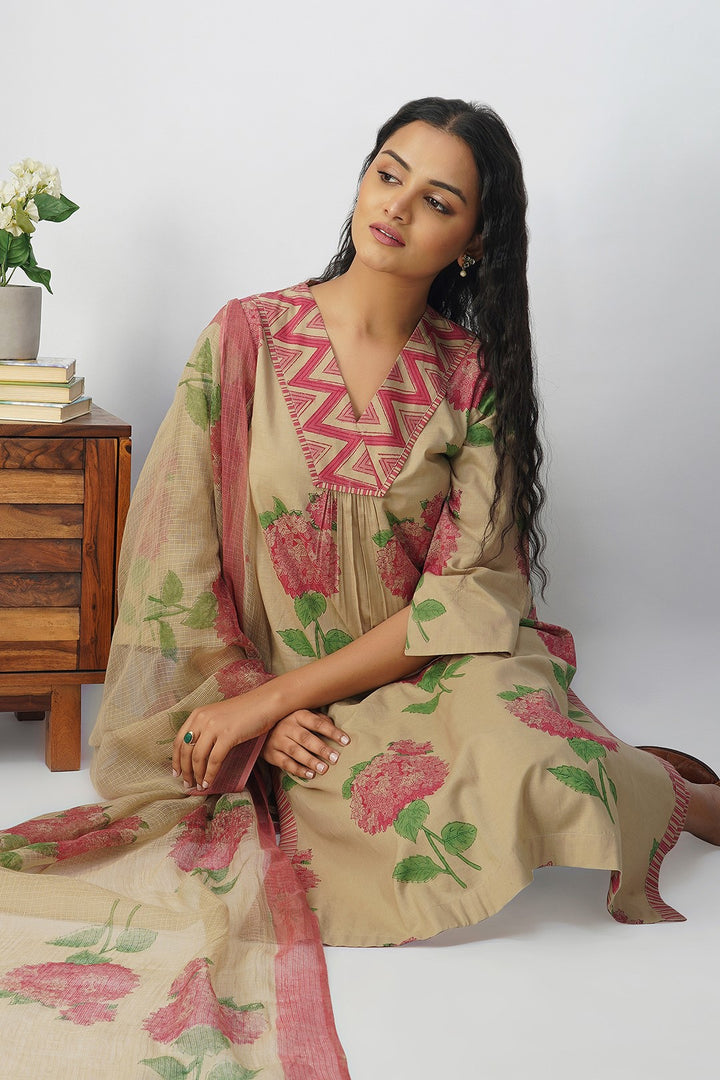 Pink Hydrangea Cotton Block Printed Kurta Set