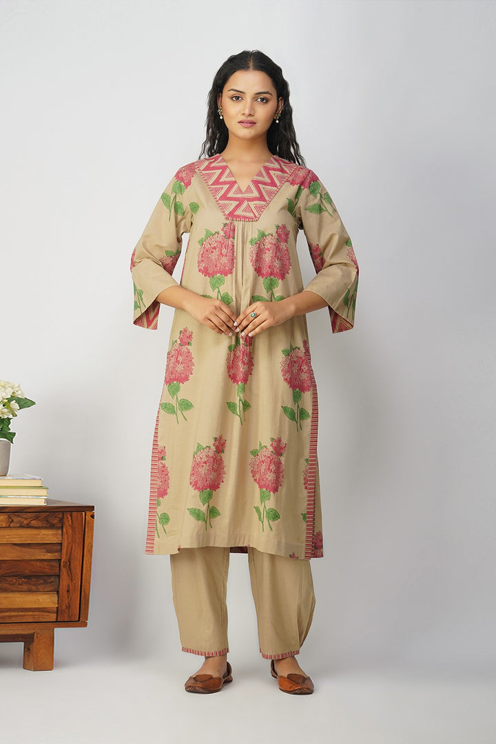 Pink Hydrangea Cotton Block Printed Kurta Set