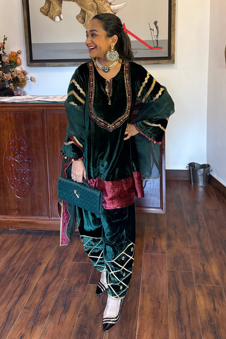 GREEN  VELVET SHORT KURTA WITH FARSHI SALWAR SET