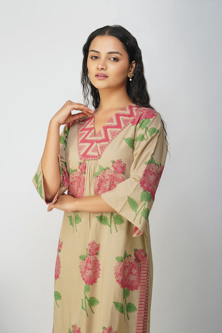Pink Hydrangea Cotton Block Printed Kurta Set