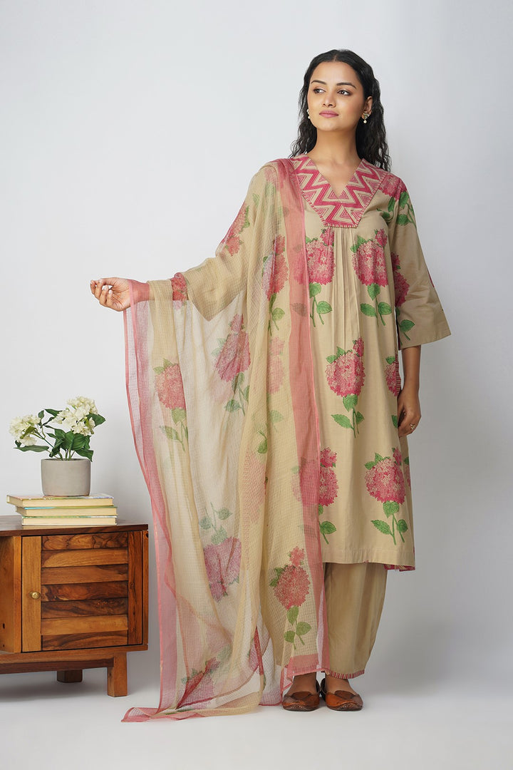 Pink Hydrangea Cotton Block Printed Kurta Set