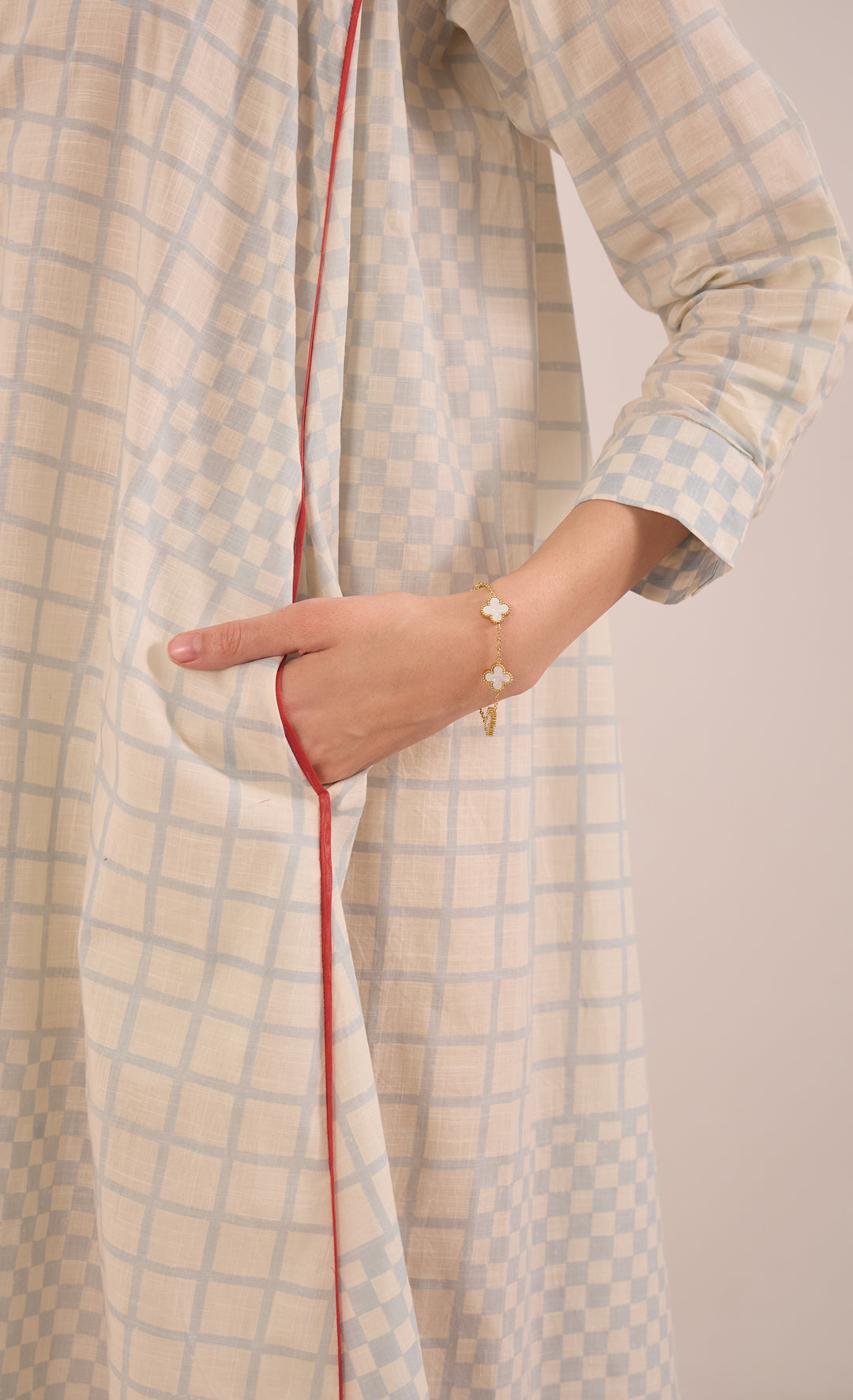 SHEEN: COTTON BLUE CHECK MIDI DRESS