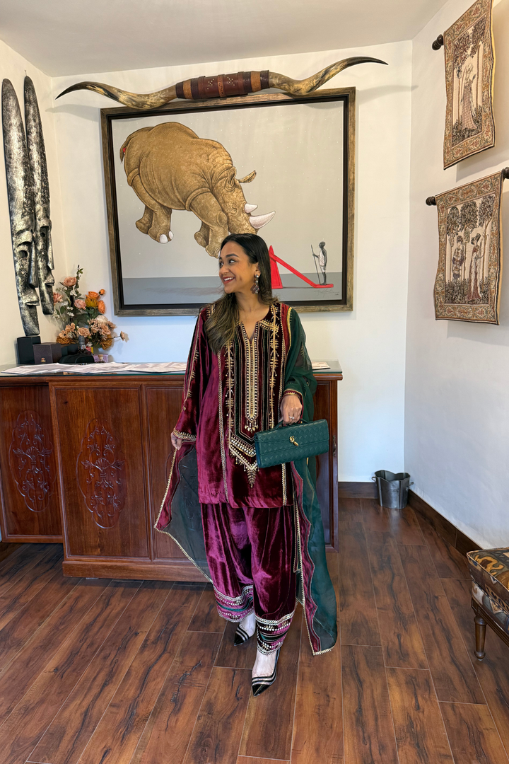 MAROON  VELVET SHORT KURTA WITH FARSHI SALWAR SET