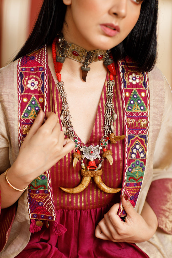 PADMAVAT-BEIGE HANDWOVEN TISSUE CHANDERI JACKET SET
