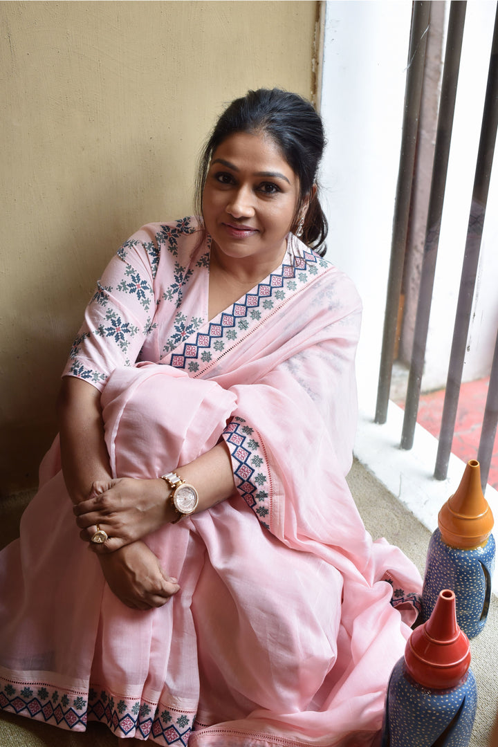 BABY PINK CHANDERI AZTEC BORDER EMBROIDERED SAREE WITH PRINTED AZTEC BLOUSE