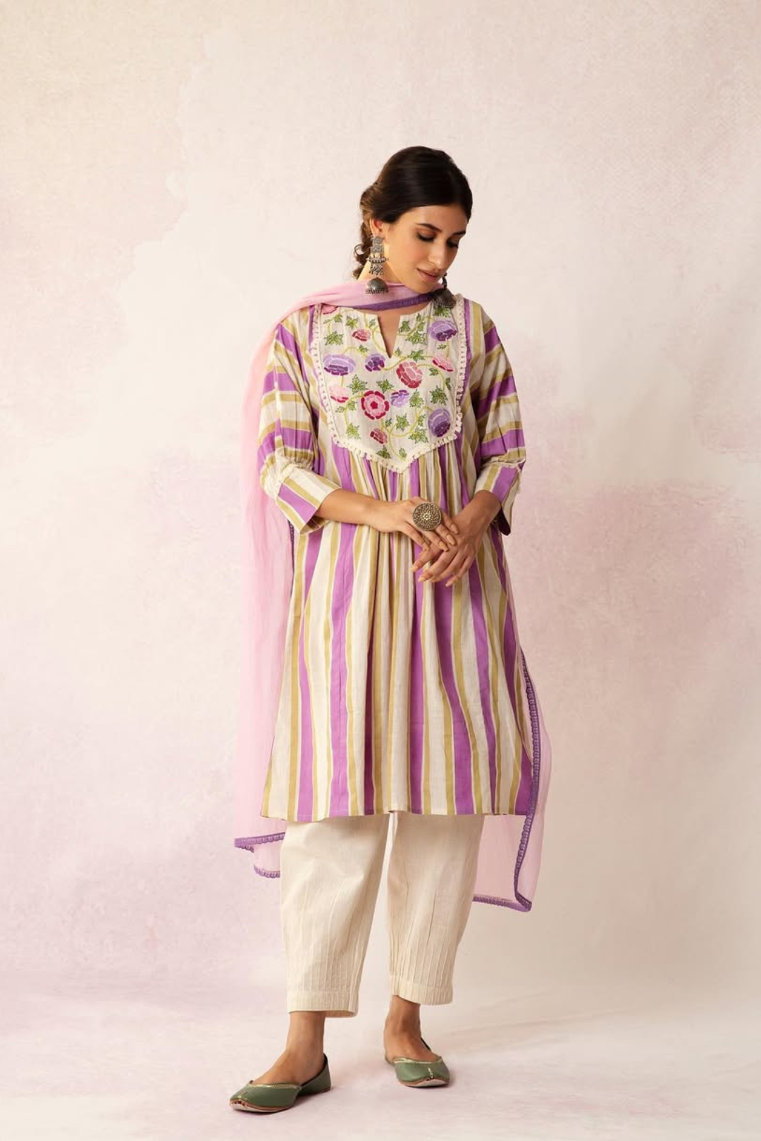 BAHAAR FLORAL STRIPE CAPE WITH PANTS