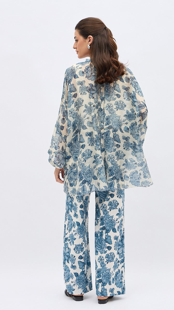 BLUE BLOSSOM FLOWER NAMAH TUNIC WITH SAME PRINT PANTS